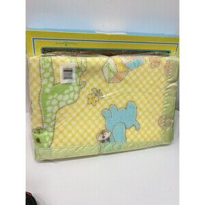 Vintage Rosebud Baby Blanket 100% Acrylic Made USA Yellow Gingham Animals NIP